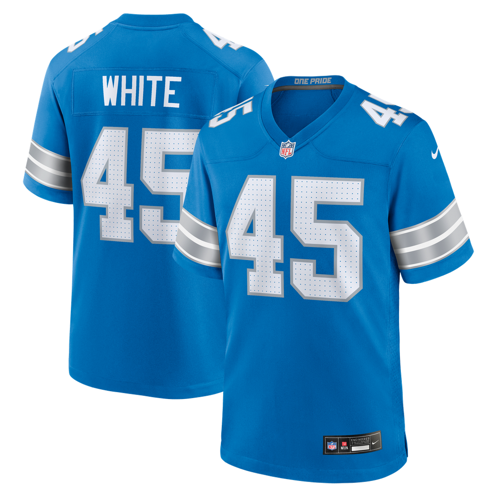 Detroit Lions Devin White Blue Team Game Jersey product image 1, provided for visual reference and product detail review