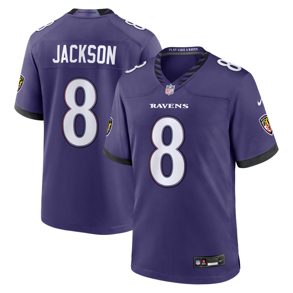 Baltimore Ravens Lamar Jackson Purple Team Game Jersey product image 1, provided for visual reference and product detail