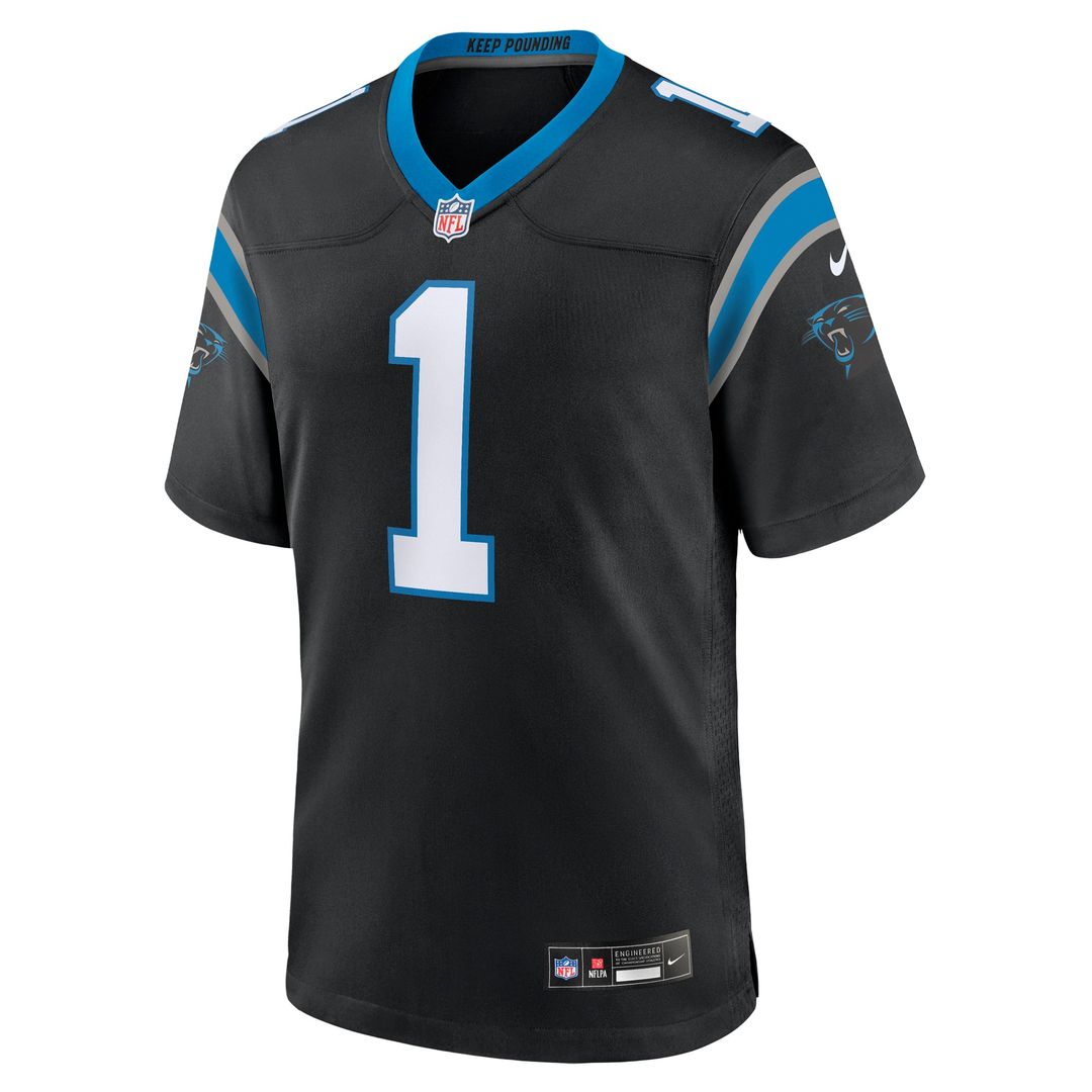 Carolina Panthers Number 1 Dad Black Game Jersey product image 2, provided for visual reference and product detail review