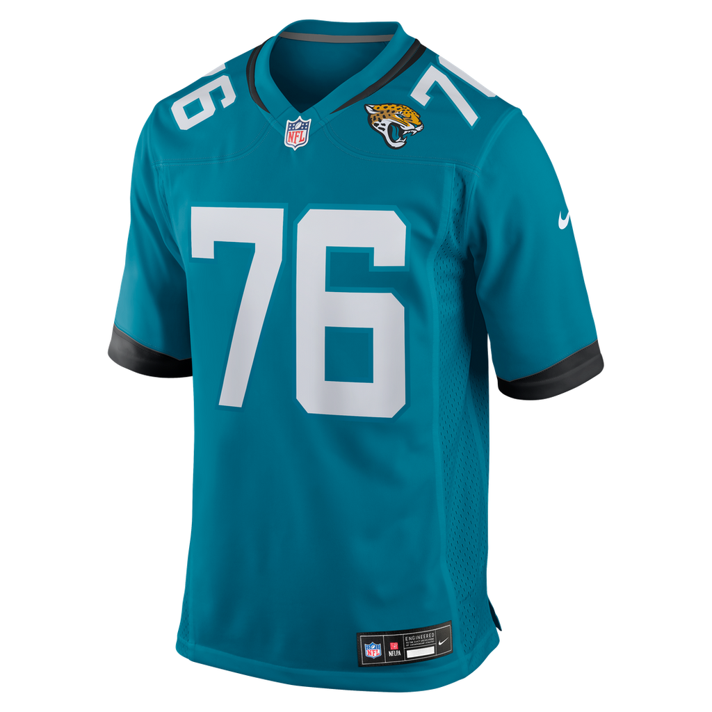 Jacksonville Jaguars Ezra Cleveland Teal Game Jersey product image 2, provided for visual reference and product detail review