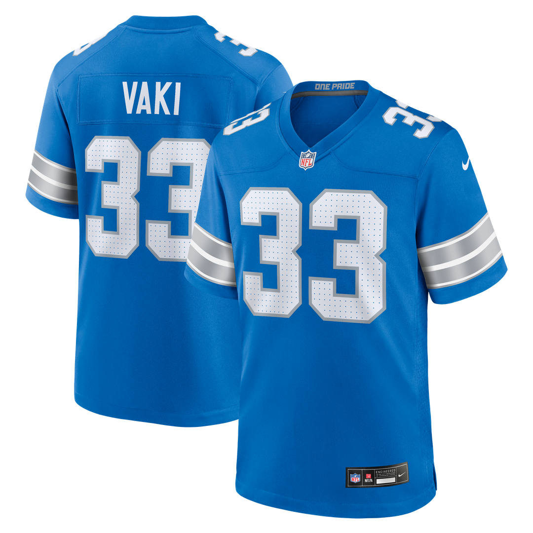 Detroit Lions Sione Vaki Blue Team Game Jersey product image 1, provided for visual reference and product detail review