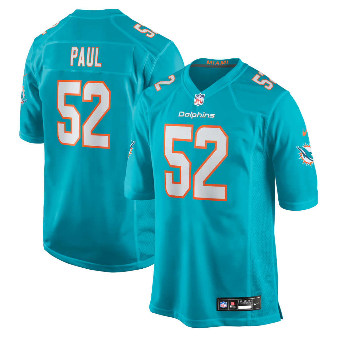 Miami Dolphins Patrick Paul Aqua Game Jersey product image 1, provided for visual reference and product detail review