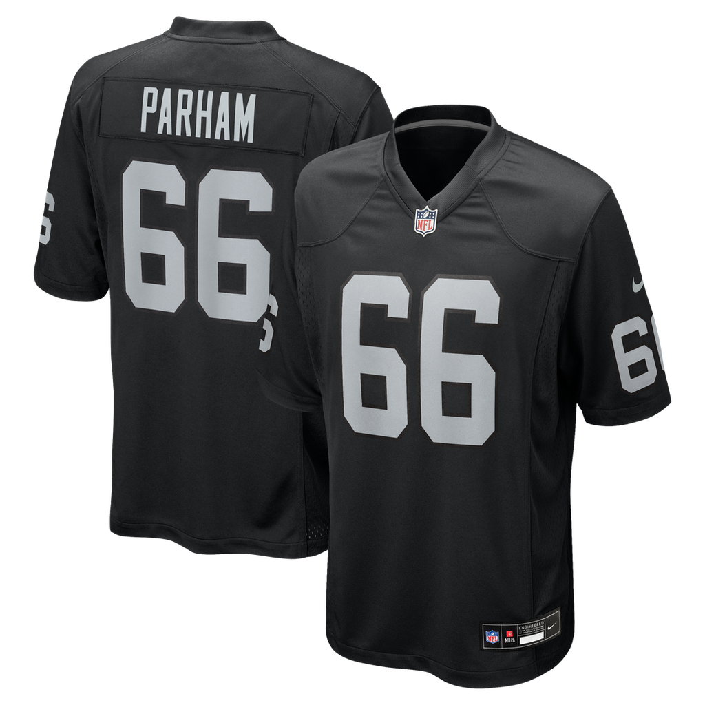 Las Vegas Raiders Dylan Parham Black Game Player Jersey product image 1, provided for visual reference and product detail