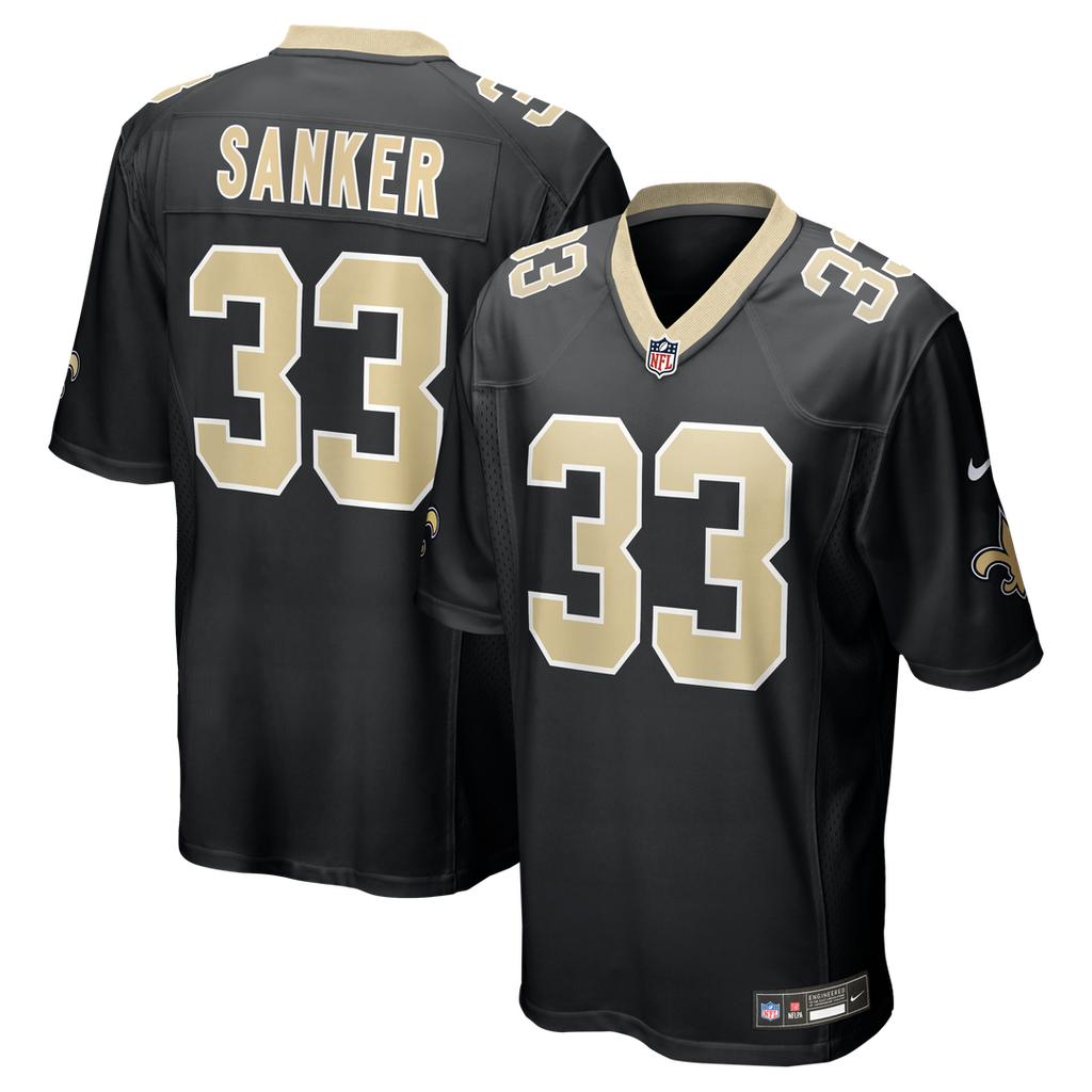 New Orleans Saints Jonas Sanker Black Team Game Jersey product image 1, provided for visual reference and product detail