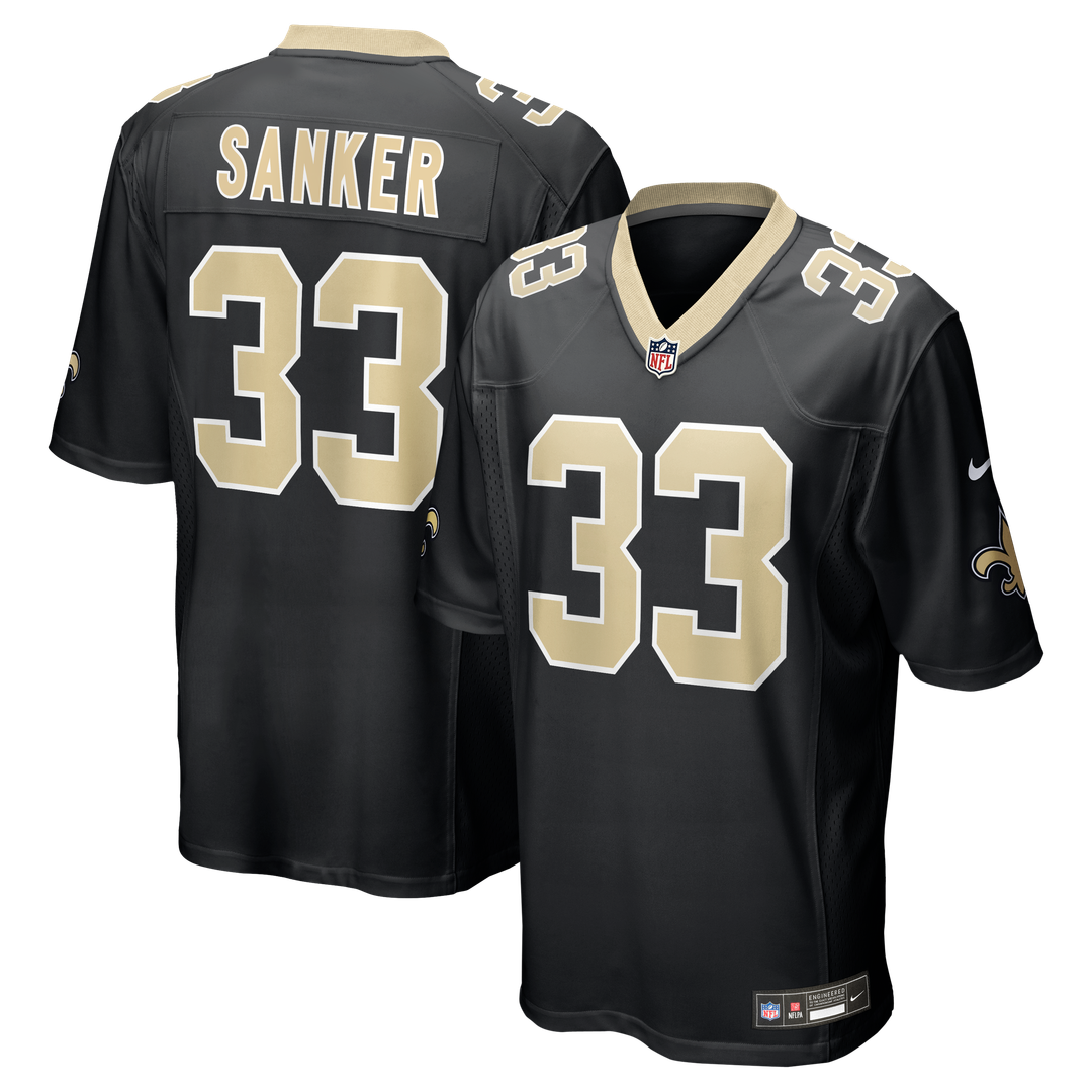 New Orleans Saints Jonas Sanker Black Team Game Jersey product image 1, provided for visual reference and product detail