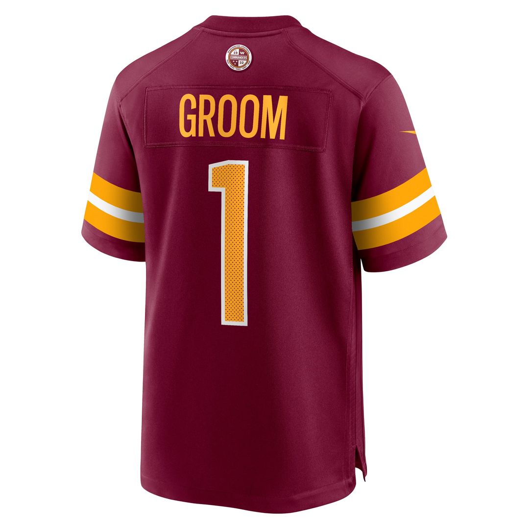 Washington Commanders Number 1 Groom Burgundy Game Jersey product image 3, provided for visual reference and product detail