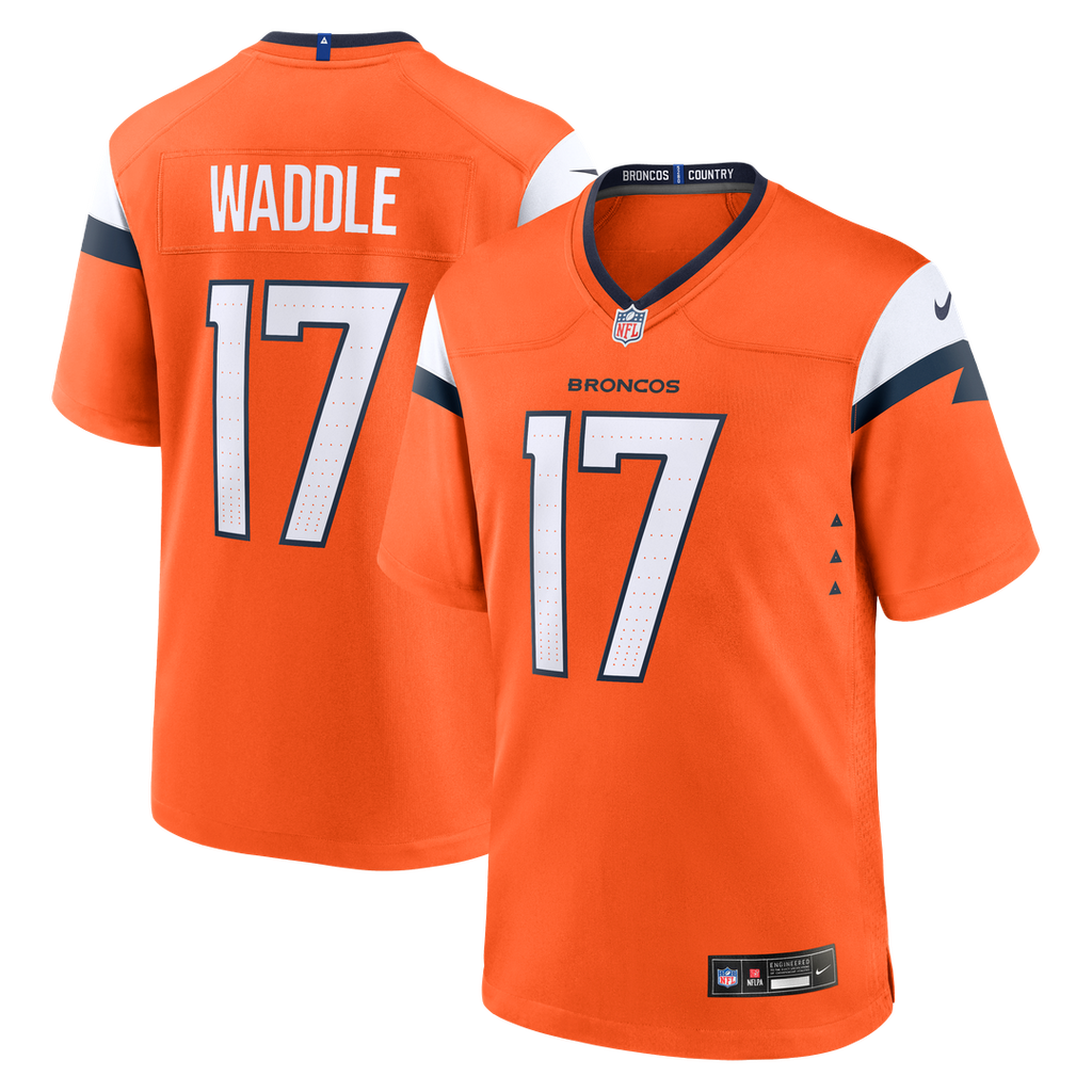 Denver Broncos Jaylen Waddle Orange Game Jersey product image 1, provided for visual reference and product detail review