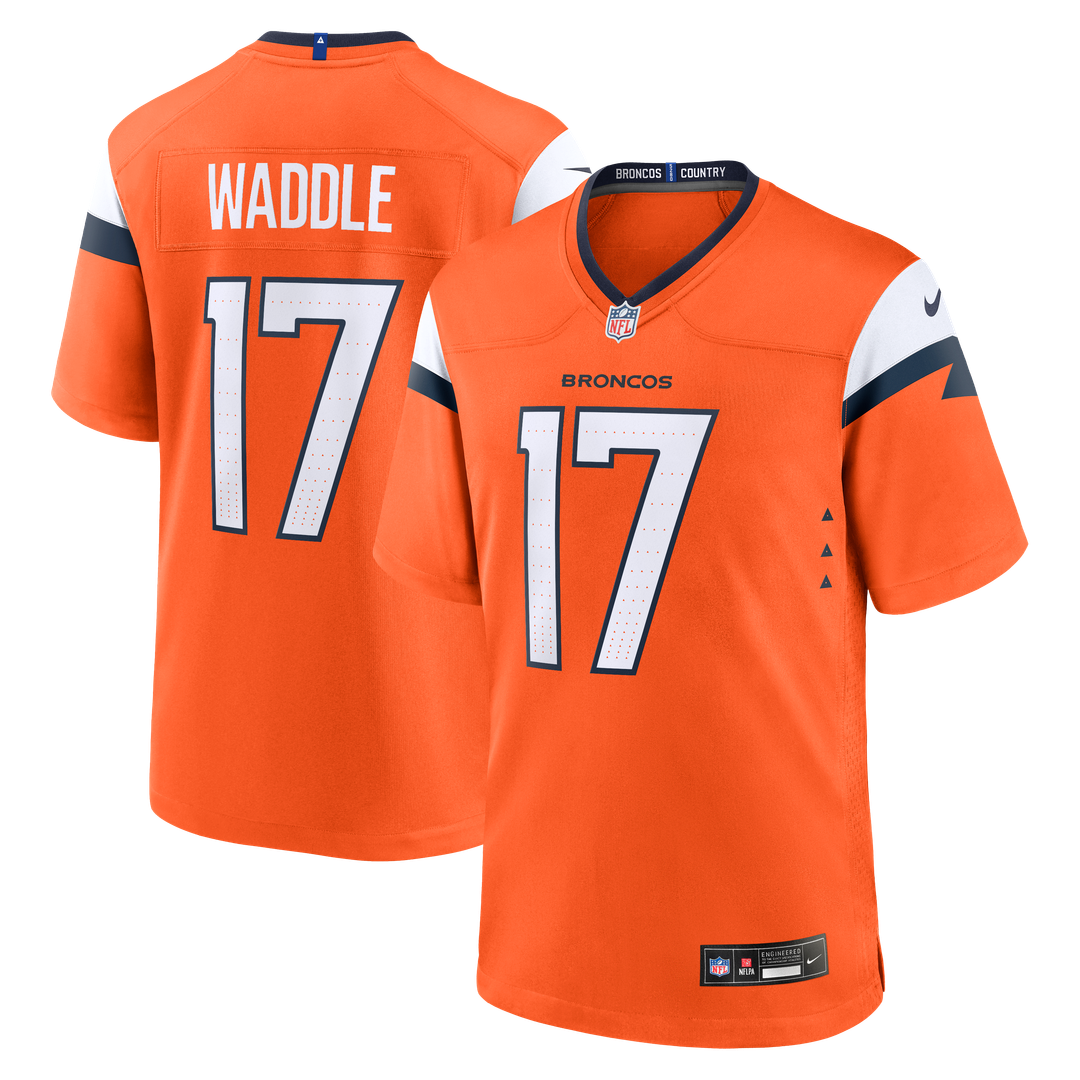 Denver Broncos Jaylen Waddle Orange Game Jersey product image 1, provided for visual reference and product detail review