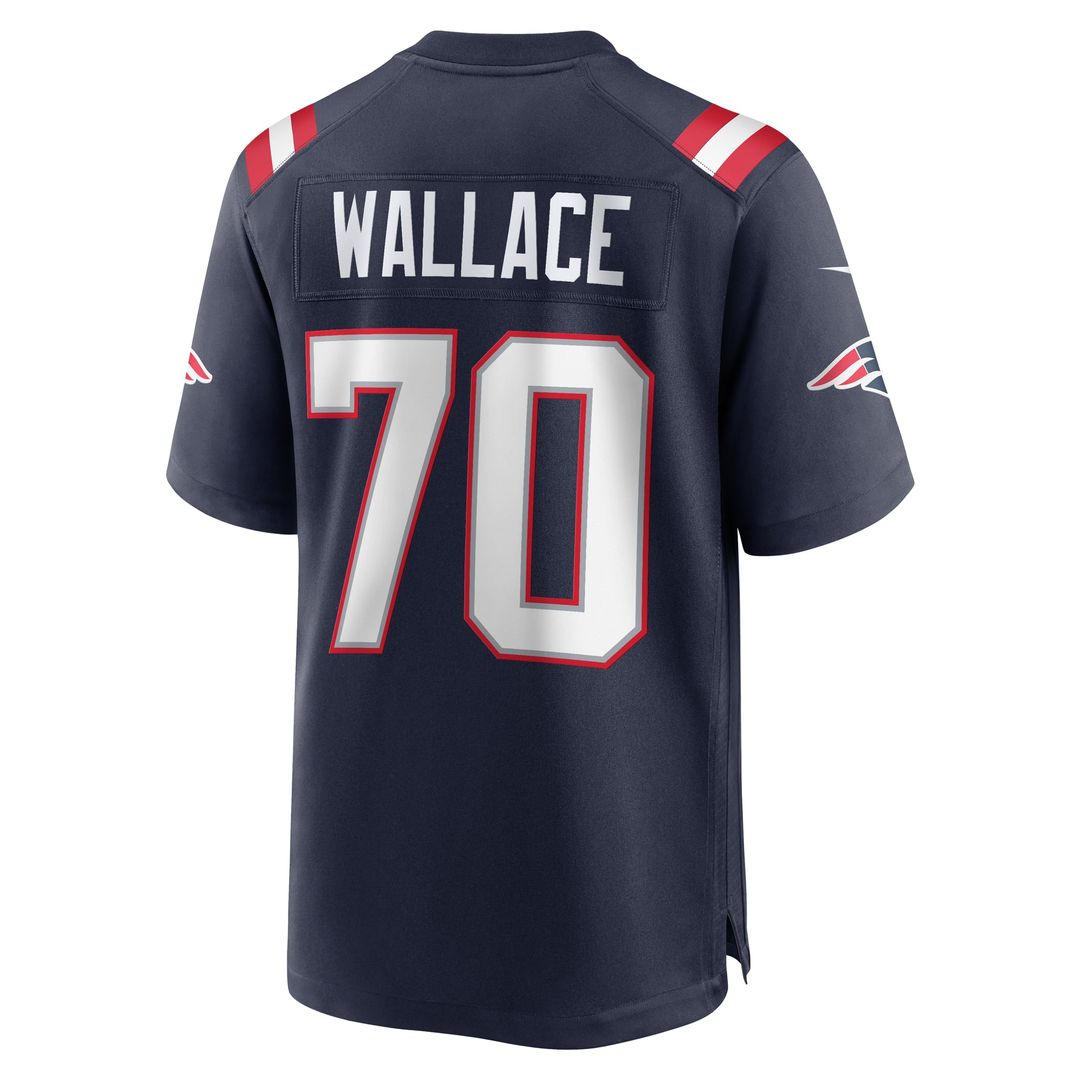 New England Patriots Caedan Wallace Navy Game Jersey product image 3, provided for visual reference and product detail review