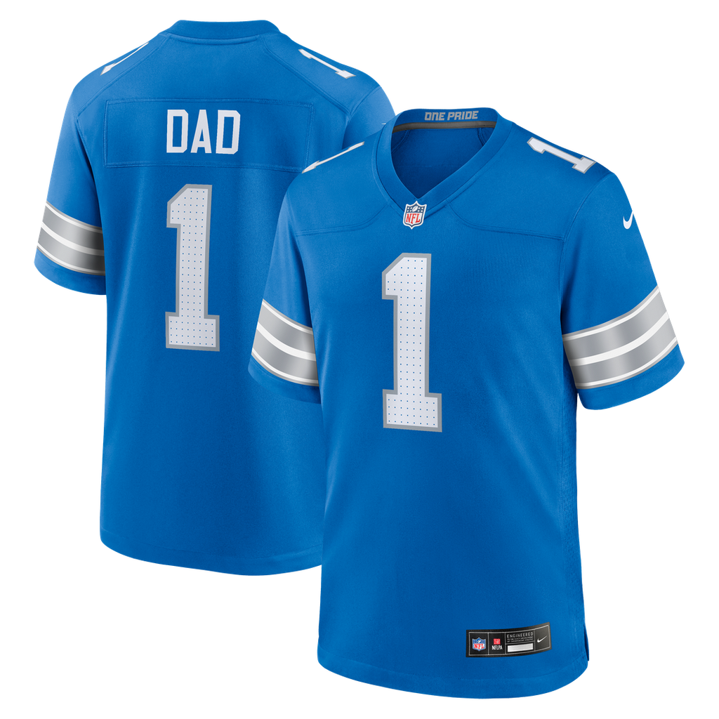 Detroit Lions Number 1 Dad Blue Game Jersey product image 1, provided for visual reference and product detail review