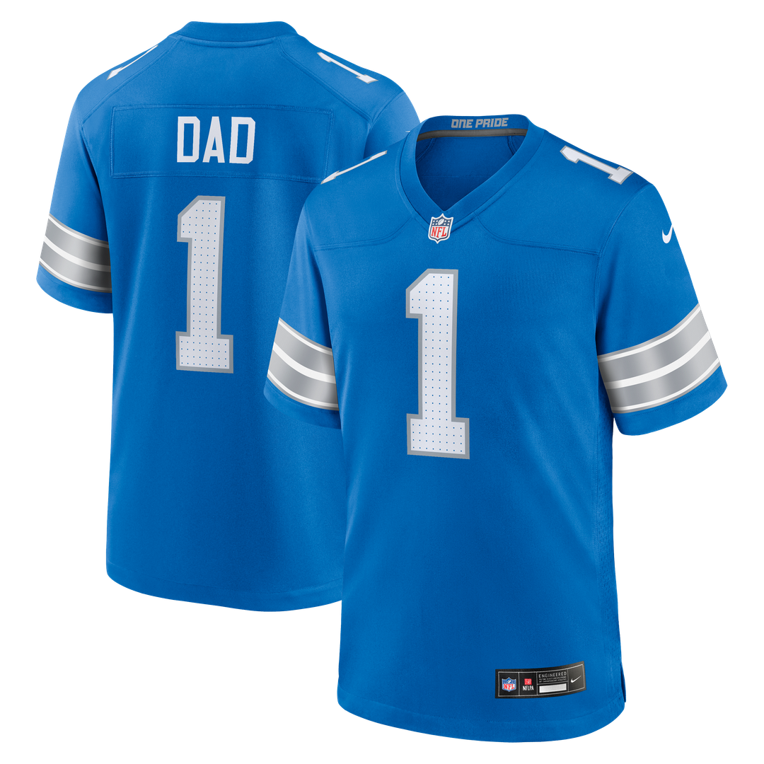 Detroit Lions Number 1 Dad Blue Game Jersey product image 1, provided for visual reference and product detail review