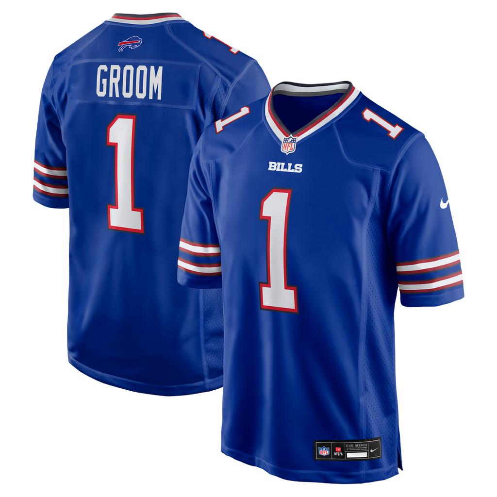 Buffalo Bills Number 1 Groom Royal Game Jersey product image 1, provided for visual reference and product detail review