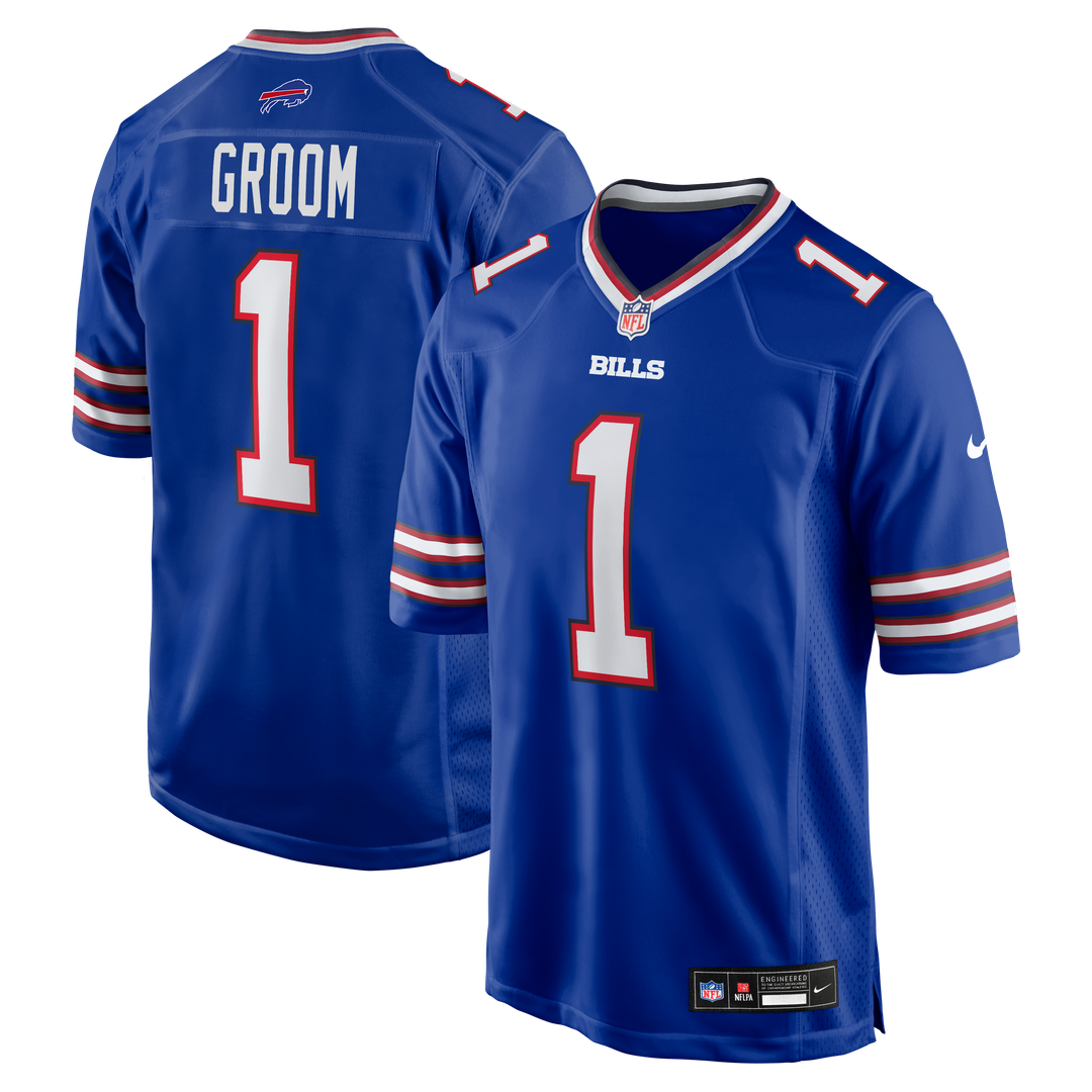 Buffalo Bills Number 1 Groom Royal Game Jersey product image 1, provided for visual reference and product detail review