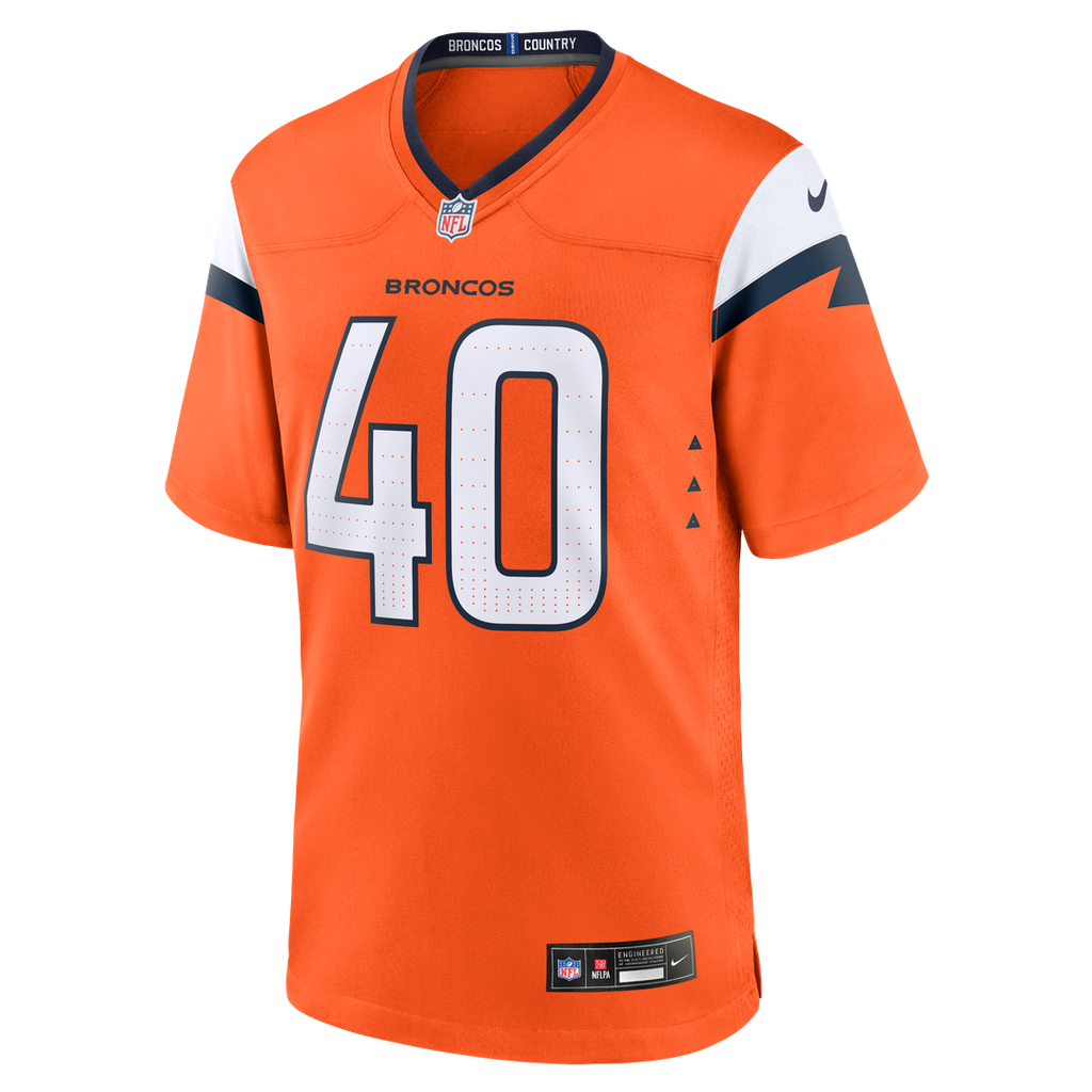 Denver Broncos Justin Strnad Orange Team Game Jersey product image 2, provided for visual reference and product detail review