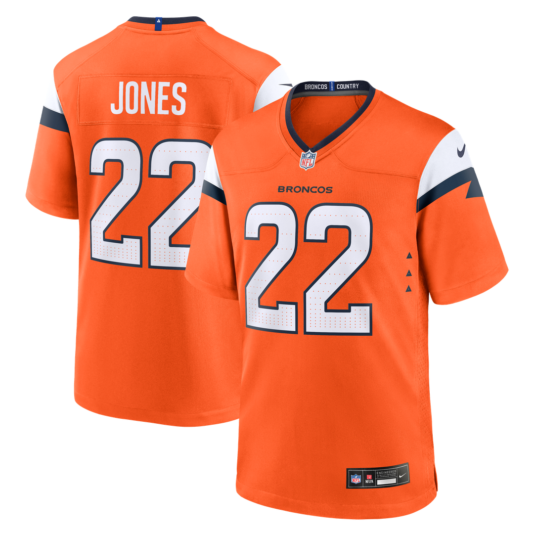 Denver Broncos Brandon Jones Orange Team Game Jersey product image 1, provided for visual reference and product detail review