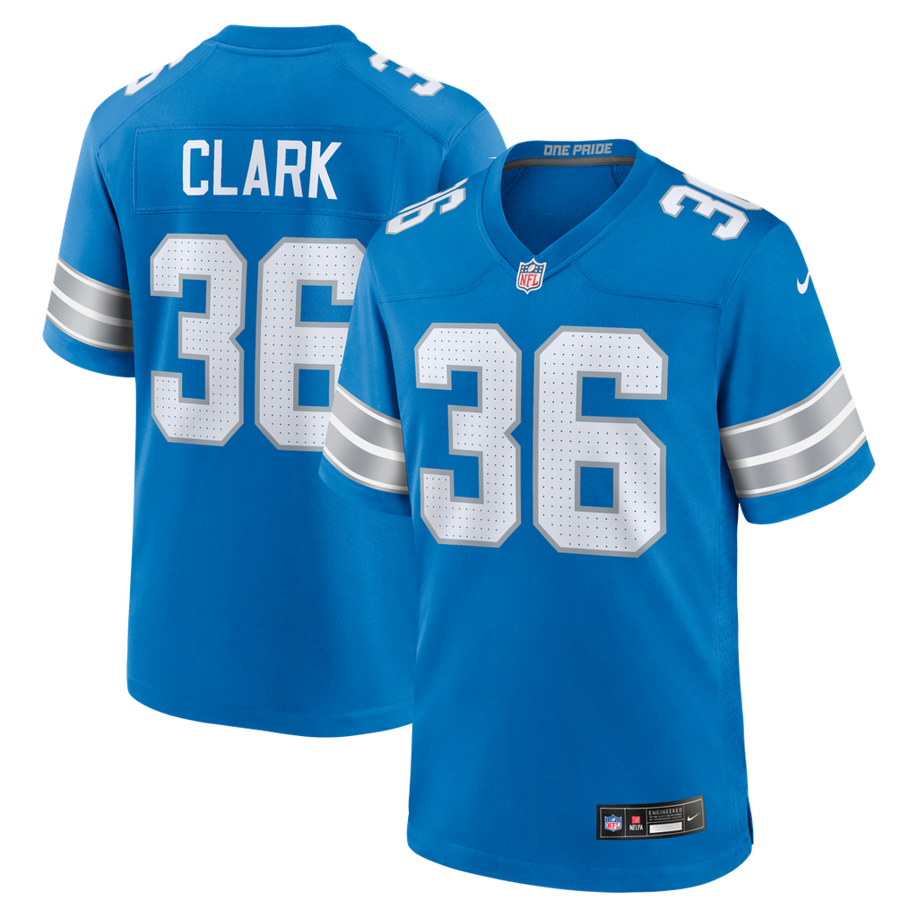 Detroit Lions Chuck Clark Blue Team Game Jersey product image 1, provided for visual reference and product detail review