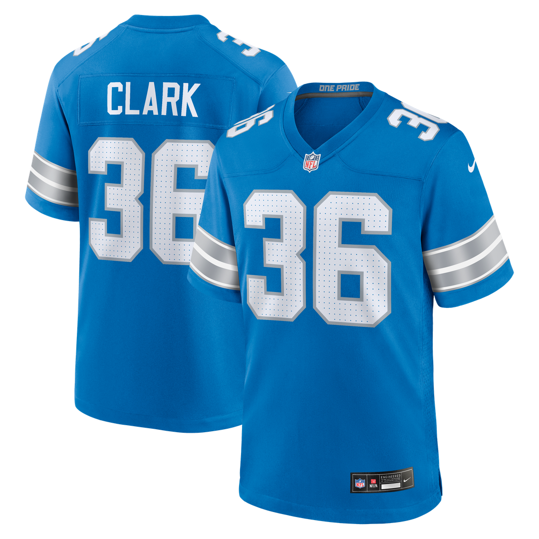 Detroit Lions Chuck Clark Blue Team Game Jersey product image 1, provided for visual reference and product detail review