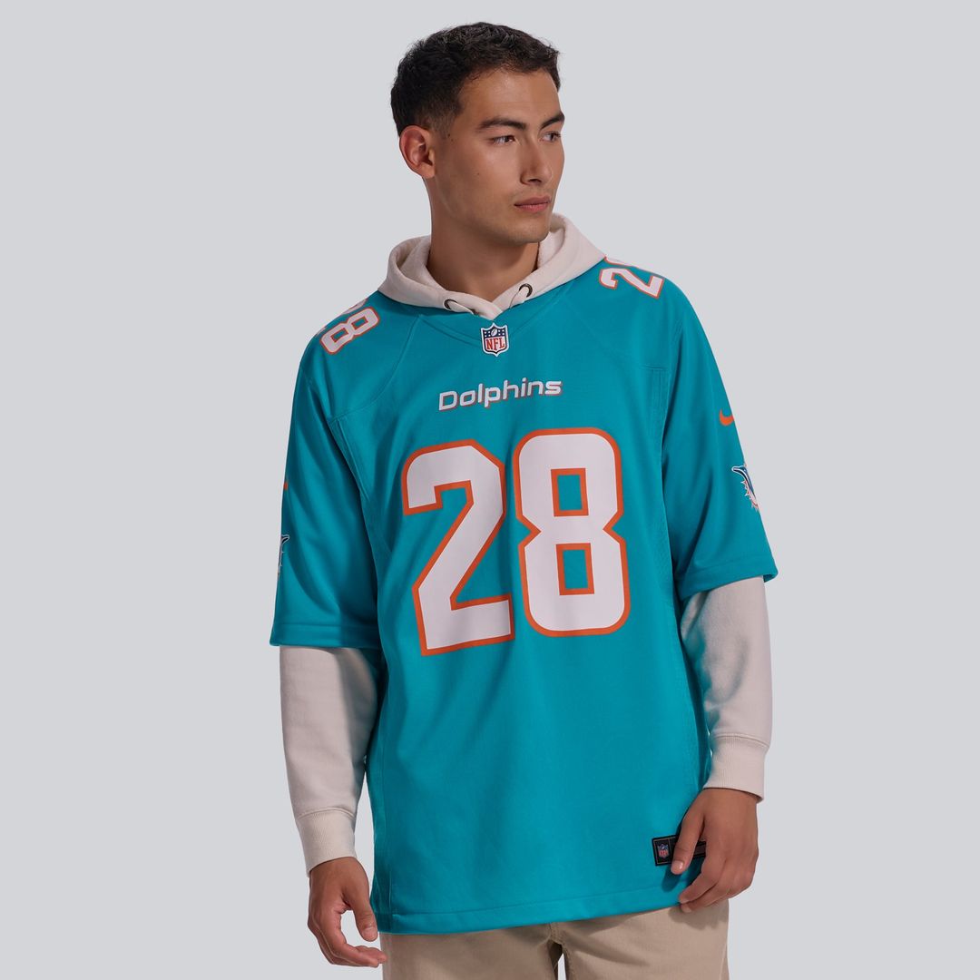 Miami Dolphins De’Von Achane Aqua Player Game Jersey product image 2, provided for visual reference and product detail review