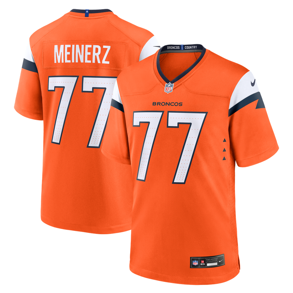 Denver Broncos Quinn Meinerz Orange Team Game Jersey product image 1, provided for visual reference and product detail review
