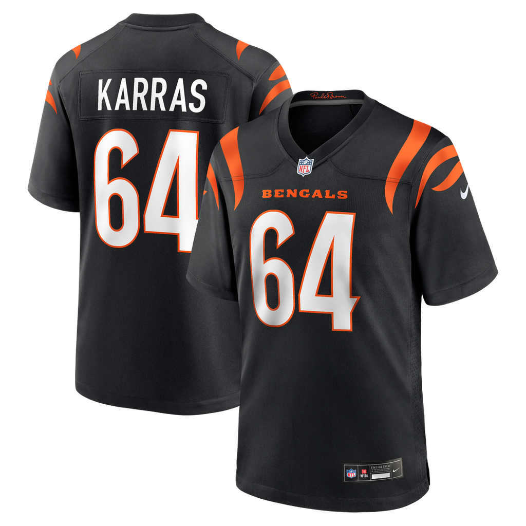 Cincinnati Bengals Ted Karras Black Game Player Jersey product image 1, provided for visual reference and product detail