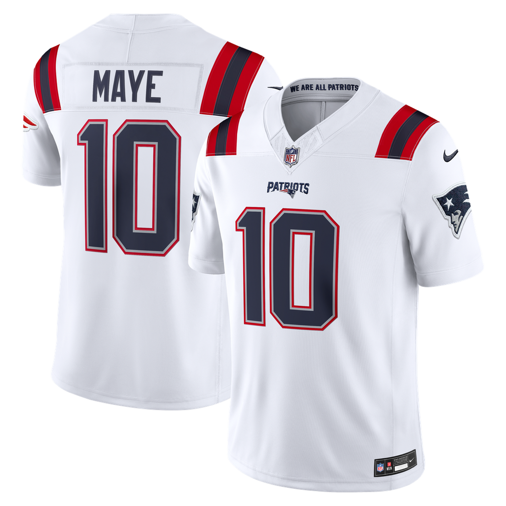 New England Patriots Drake Maye White Vapor F.U.S.E. Stitched Limited Jersey product image 1, provided for visual reference