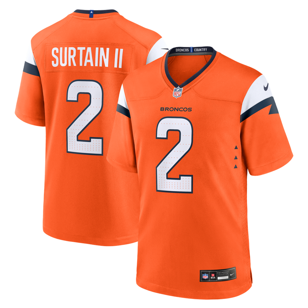Denver Broncos Patrick Surtain II Orange Team Game Jersey product image 1, provided for visual reference and product detail
