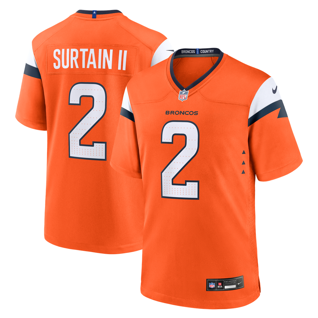 Denver Broncos Patrick Surtain II Orange Team Game Jersey product image 1, provided for visual reference and product detail