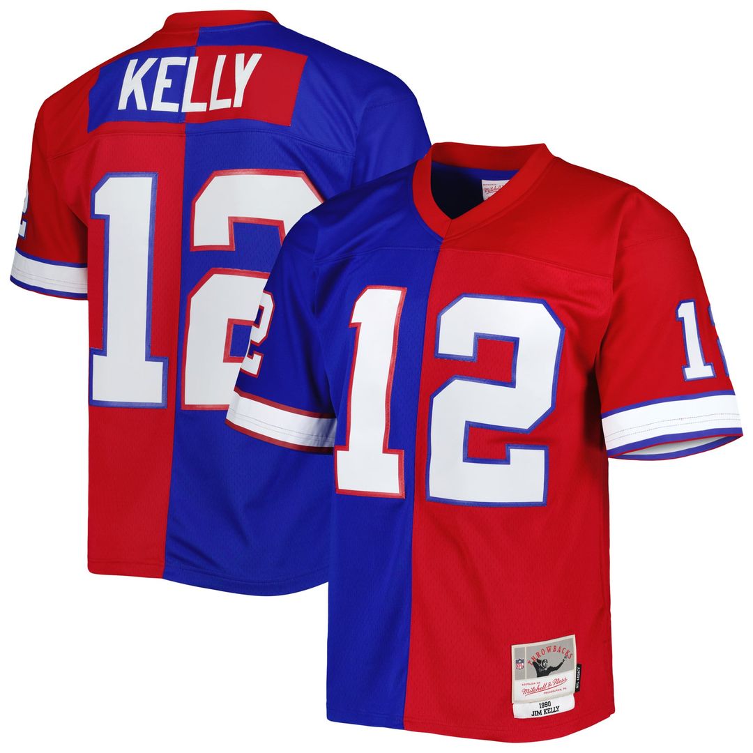 Buffalo Bills Jim Kelly Royal/Red 1990 Split Legacy Replica Jersey product image 1, provided for visual reference and