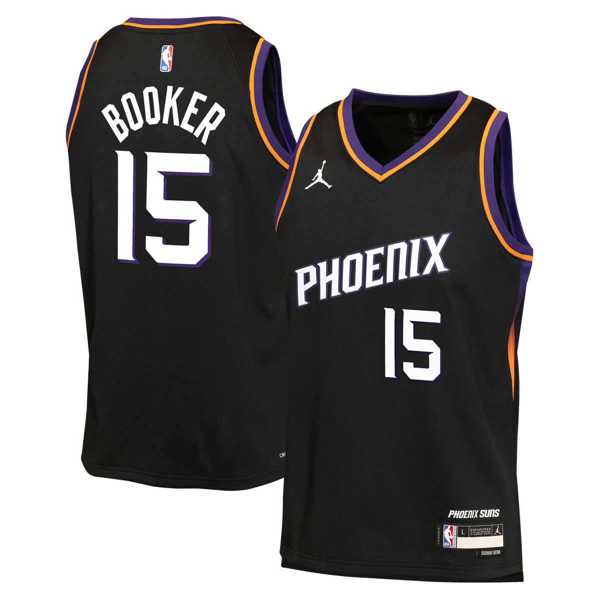 Devin Booker Phoenix Suns Statement Edition Jersey - Black - Youth product image 2, provided for visual reference and