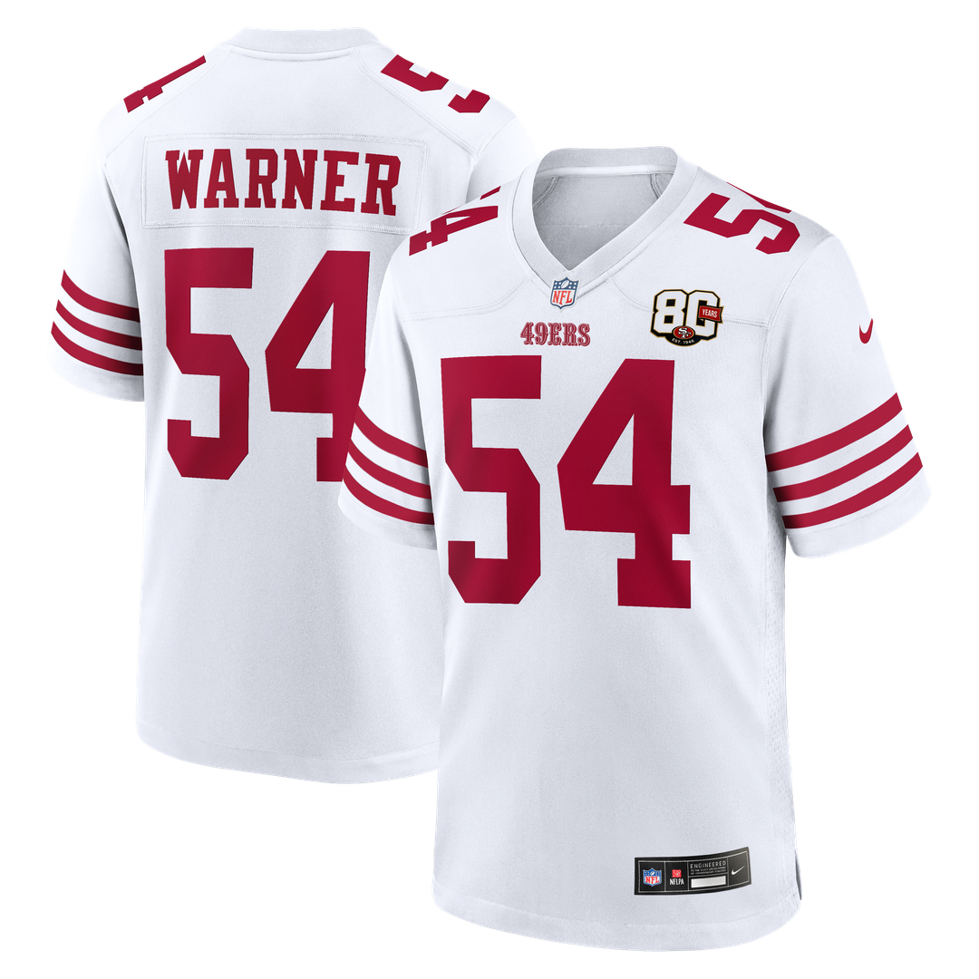 San Francisco 49ers Fred Warner White 80th Anniversary Game Jersey product image 4, provided for visual reference and
