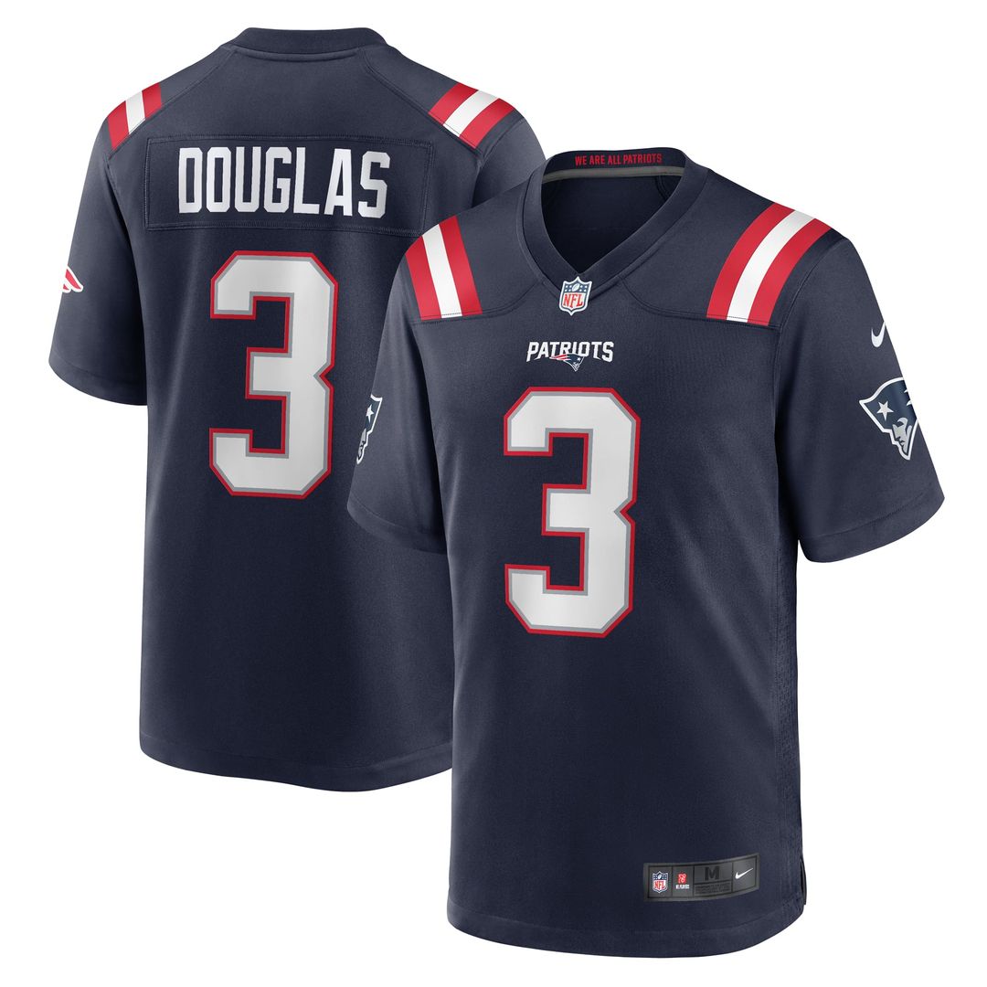New England Patriots Demario Douglas Navy Game Jersey product image 1, provided for visual reference and product detail