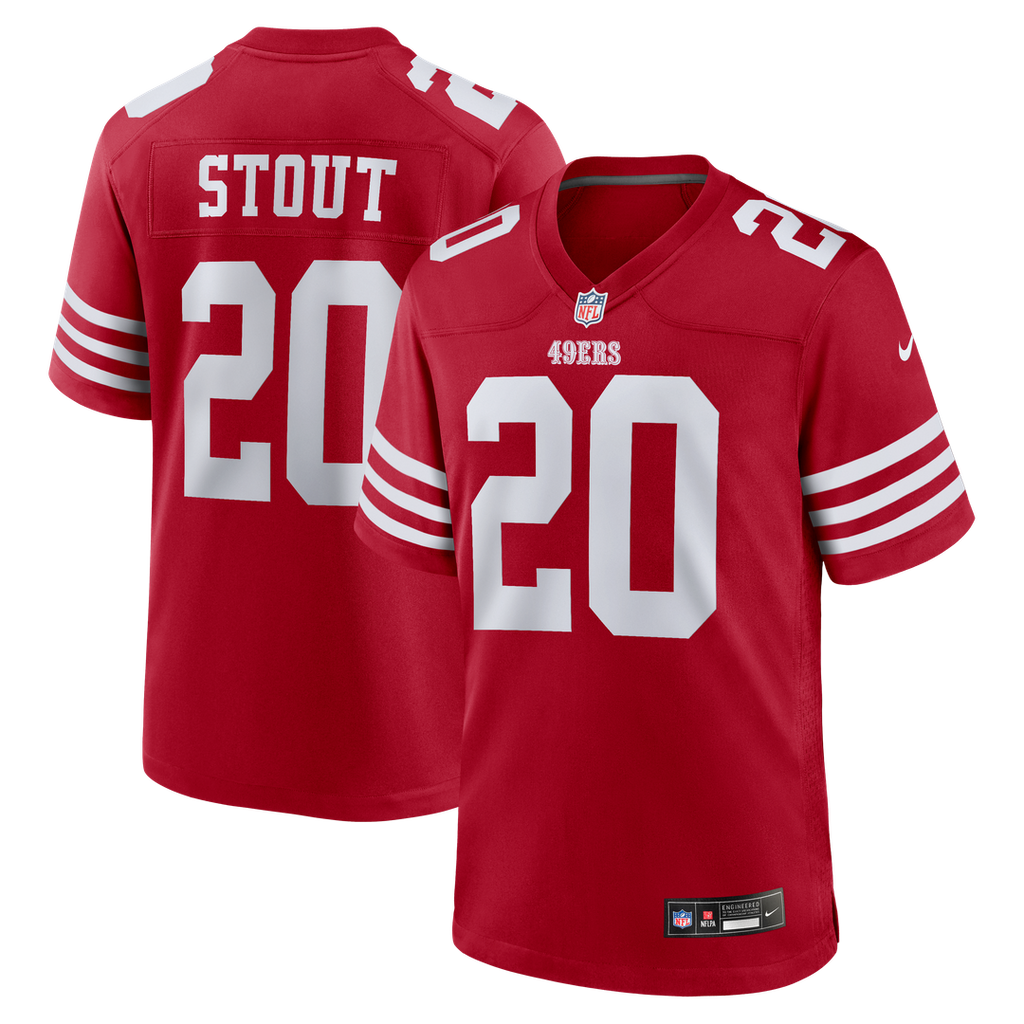 San Francisco 49ers Upton Stout Scarlet Team Game Jersey product image 1, provided for visual reference and product detail