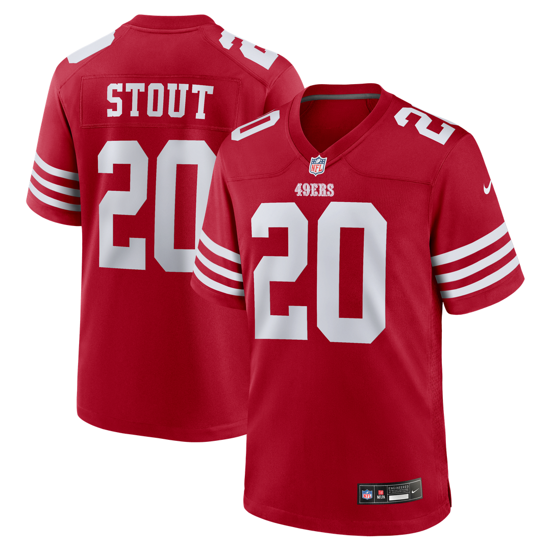 San Francisco 49ers Upton Stout Scarlet Team Game Jersey product image 1, provided for visual reference and product detail