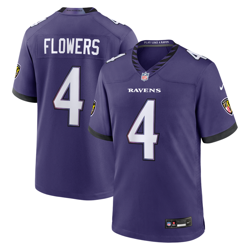 Baltimore Ravens Zay Flowers Purple Team Game Jersey product image 1, provided for visual reference and product detail review