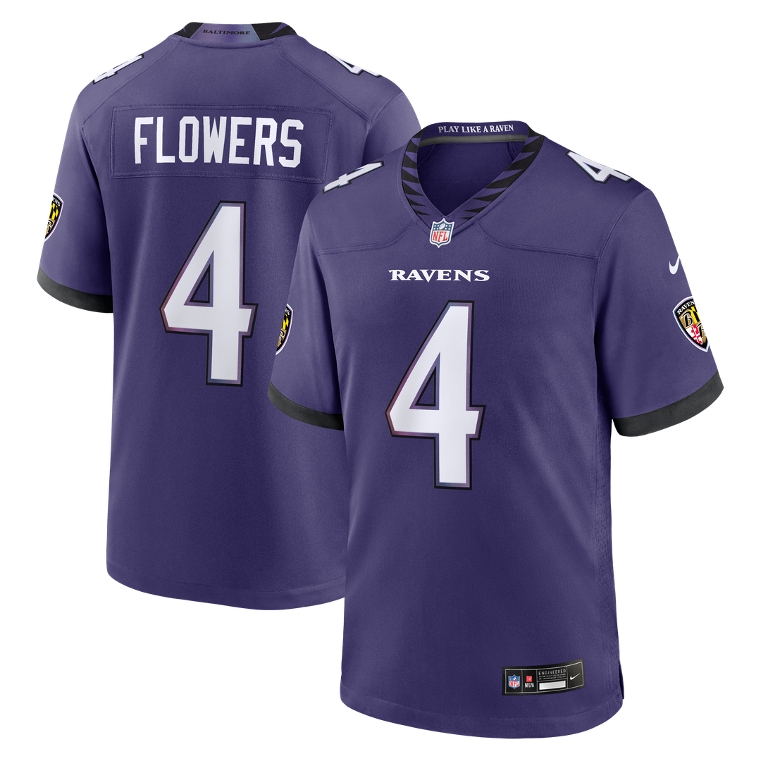 Baltimore Ravens Zay Flowers Purple Team Game Jersey product image 1, provided for visual reference and product detail review