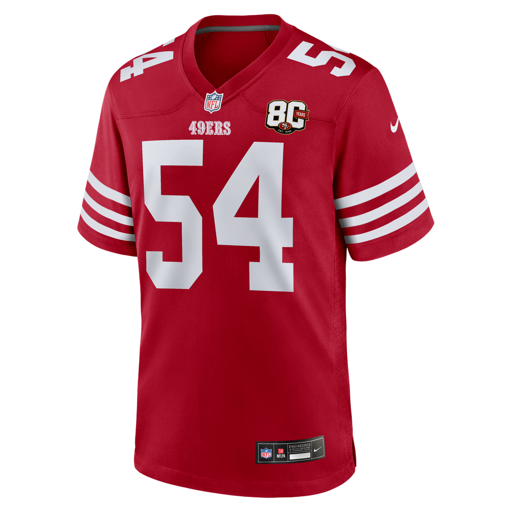 San Francisco 49ers Fred Warner Scarlet 80th Anniversary Game Jersey product image 6, provided for visual reference and