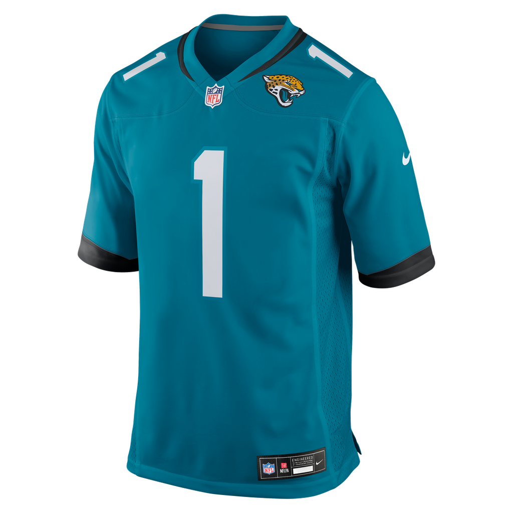Jacksonville Jaguars Number 1 Dad Teal Game Jersey product image 2, provided for visual reference and product detail review