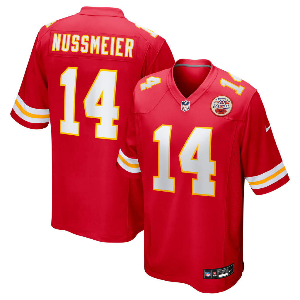 Kansas City Chiefs Garrett Nussmeier Red Game Jersey product image 1, provided for visual reference and product detail review