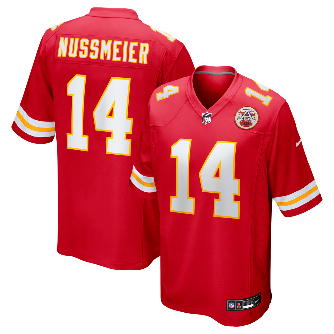 Kansas City Chiefs Garrett Nussmeier Red Game Jersey product image 1, provided for visual reference and product detail review