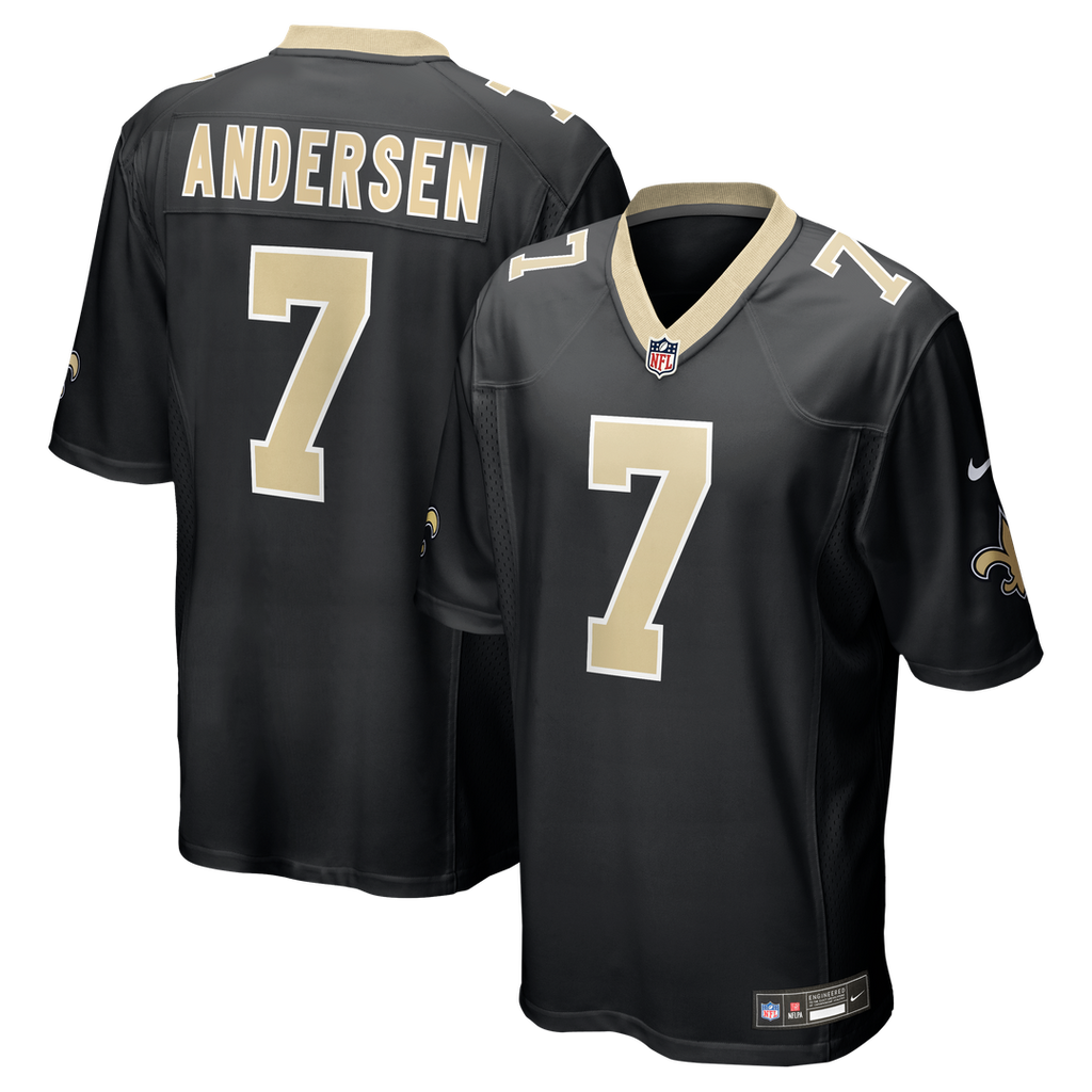 New Orleans Saints Morten Andersen Black Game Retired Player Jersey product image 1, provided for visual reference and