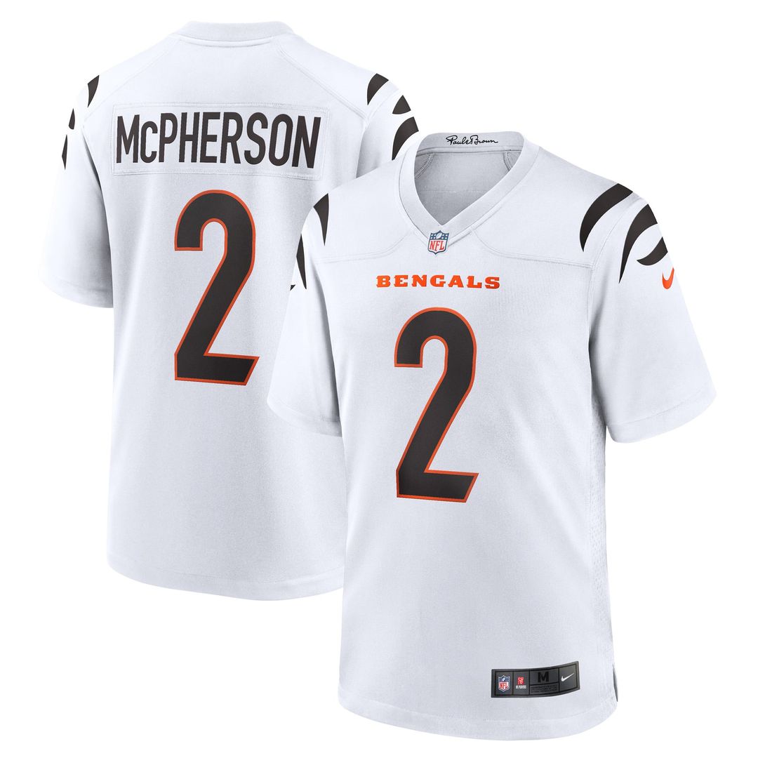 Cincinnati Bengals Evan McPherson White Game Player Jersey product image 1, provided for visual reference and product detail