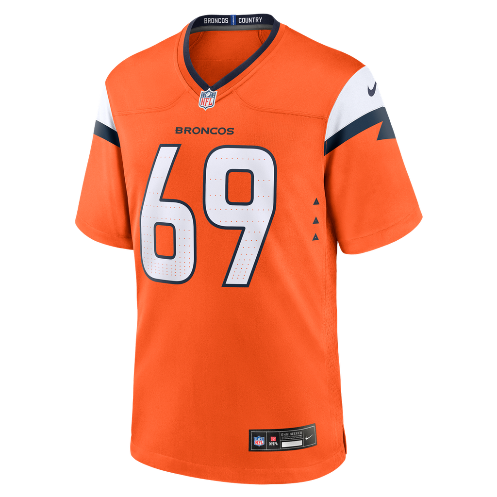 Denver Broncos Mike McGlinchey Orange Team Game Jersey product image 2, provided for visual reference and product detail