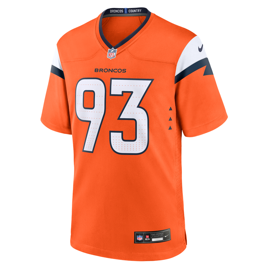 Denver Broncos D.J. Jones Orange Team Game Jersey product image 2, provided for visual reference and product detail review