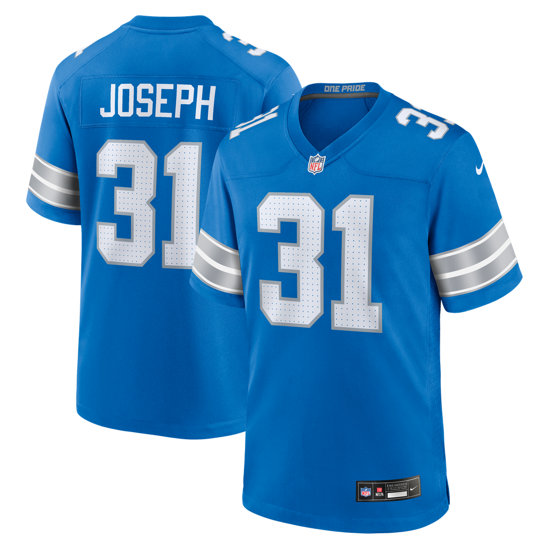 Detroit Lions Kerby Joseph Blue Team Game Jersey product image 1, provided for visual reference and product detail review