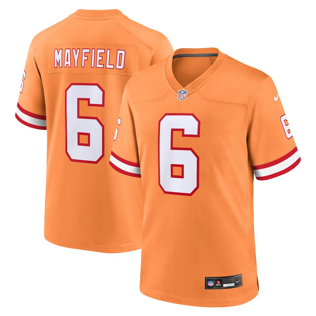 Tampa Bay Buccaneers Baker Mayfield Orange Throwback Game Jersey product image 1, provided for visual reference and product