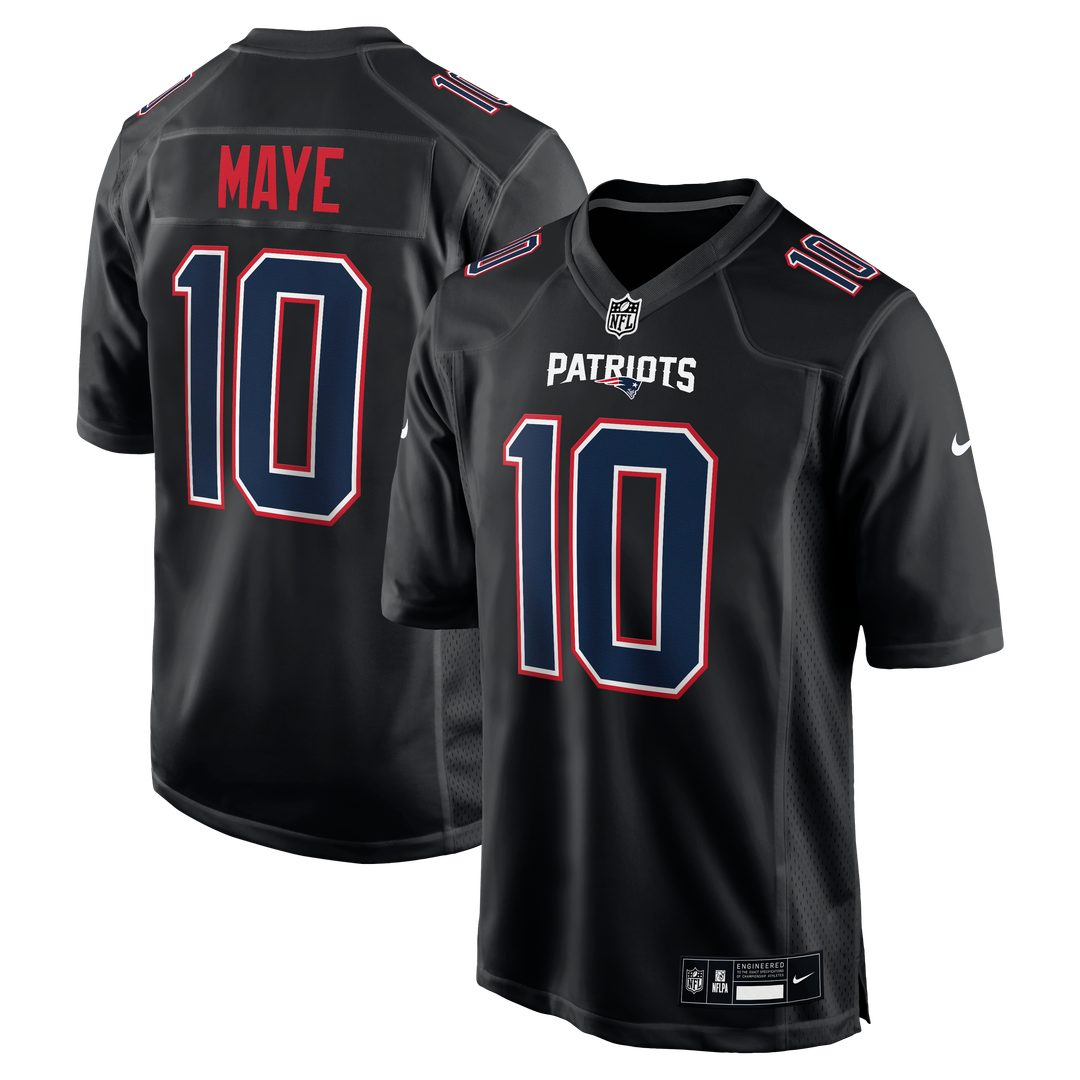 New England Patriots Drake Maye Carbon Black Game Jersey product image 1, provided for visual reference and product detail