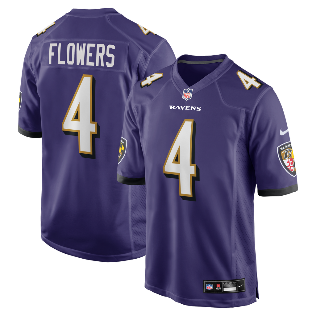 Baltimore Ravens Zay Flowers Purple Game Jersey product image 1, provided for visual reference and product detail review