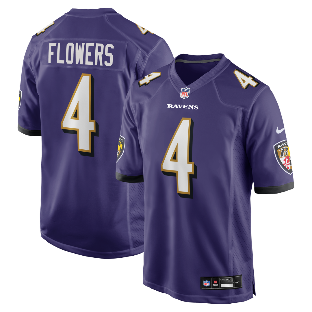 Baltimore Ravens Zay Flowers Purple Game Jersey product image 1, provided for visual reference and product detail review