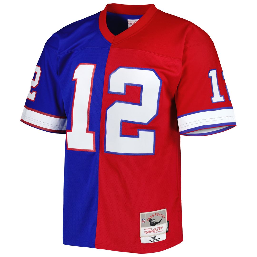 Buffalo Bills Jim Kelly Royal/Red 1990 Split Legacy Replica Jersey product image 2, provided for visual reference and