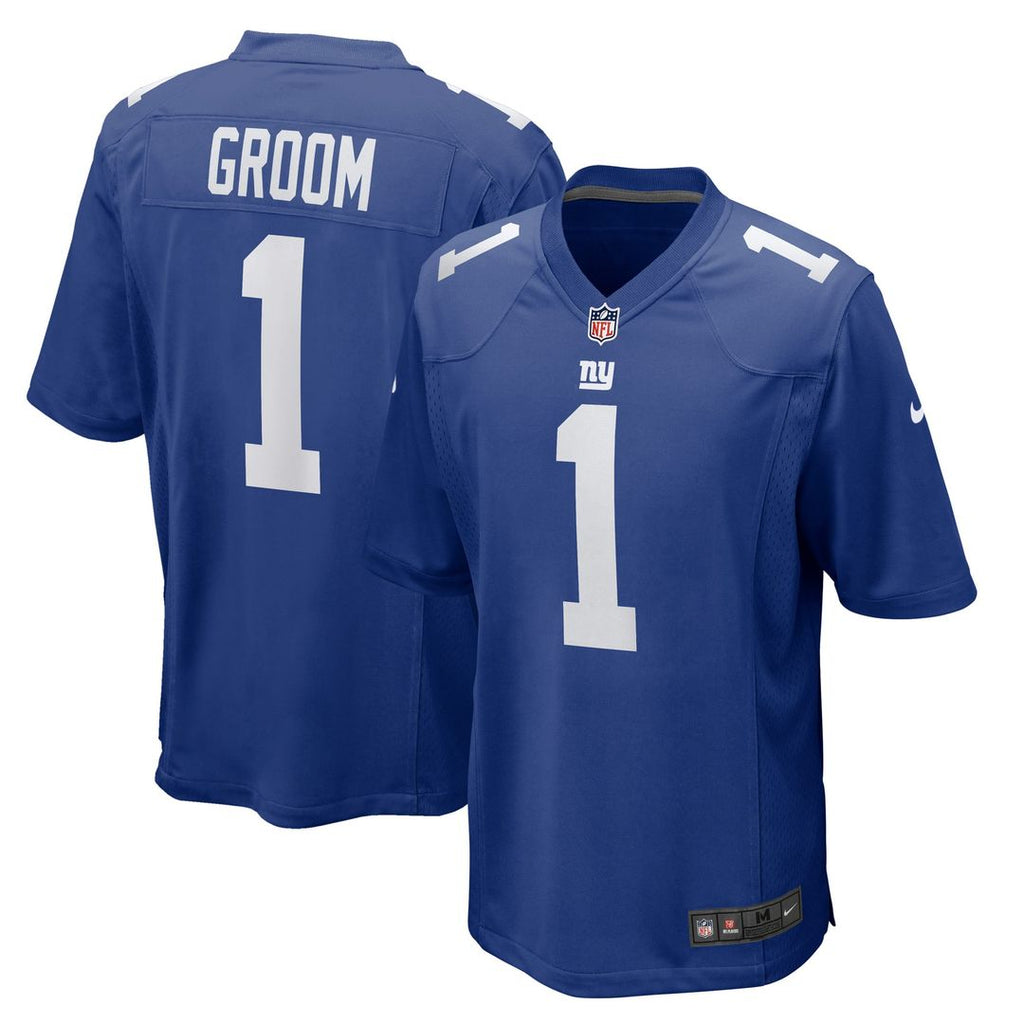 New York Giants Number 1 Groom Royal Game Jersey product image 1, provided for visual reference and product detail review
